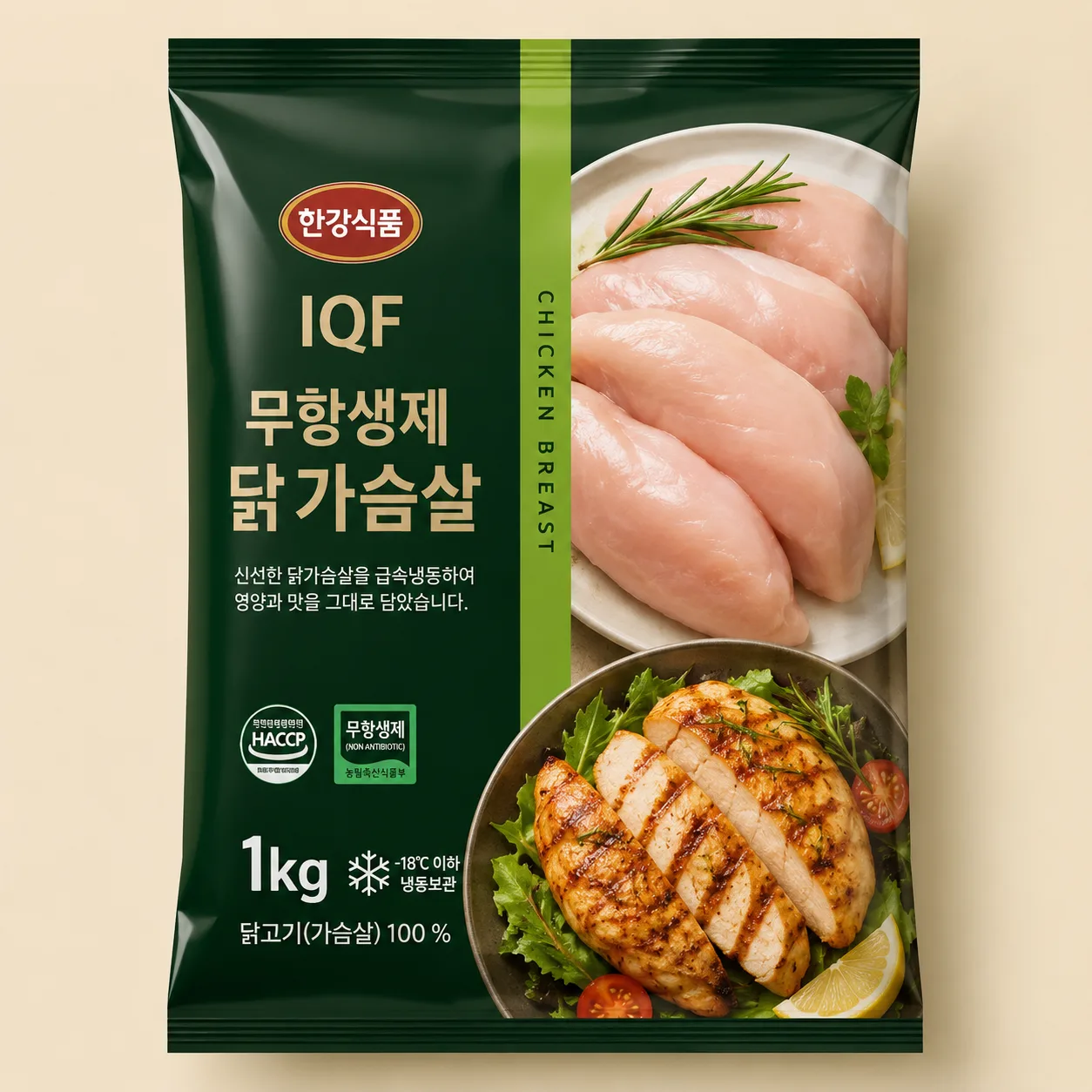 한강식품 IQF 무항생제 닭가슴살 (냉동), 1kg,